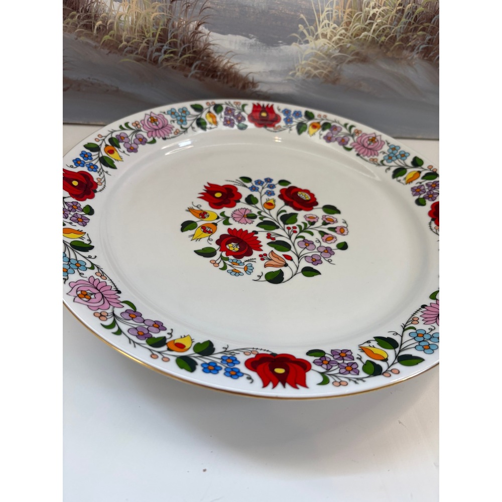 Kalocsa Hungary Hand Painted Porcelain Floral Wall Plate Gold Trim 11.5 Inch